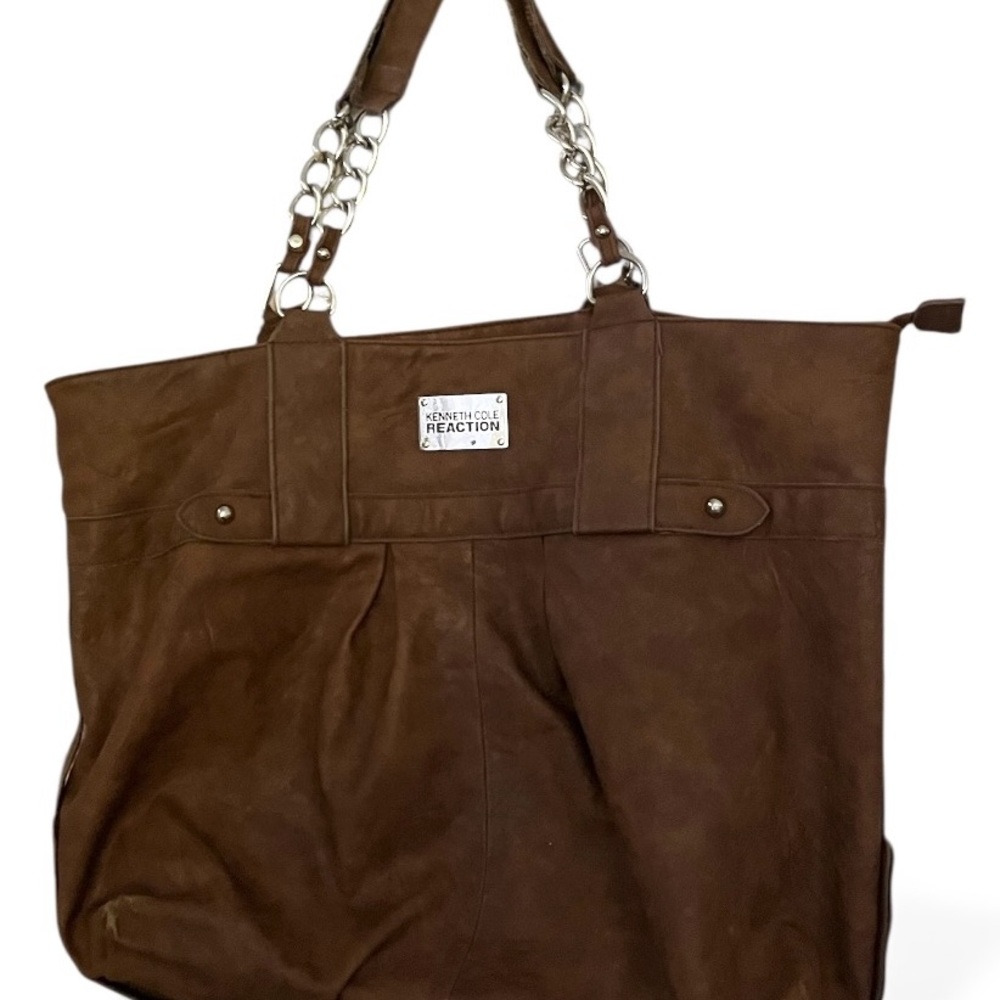 Kenneth Cole Reaction Brown Leather Tote Bag Large Shoulder Bag Zipper Top‎